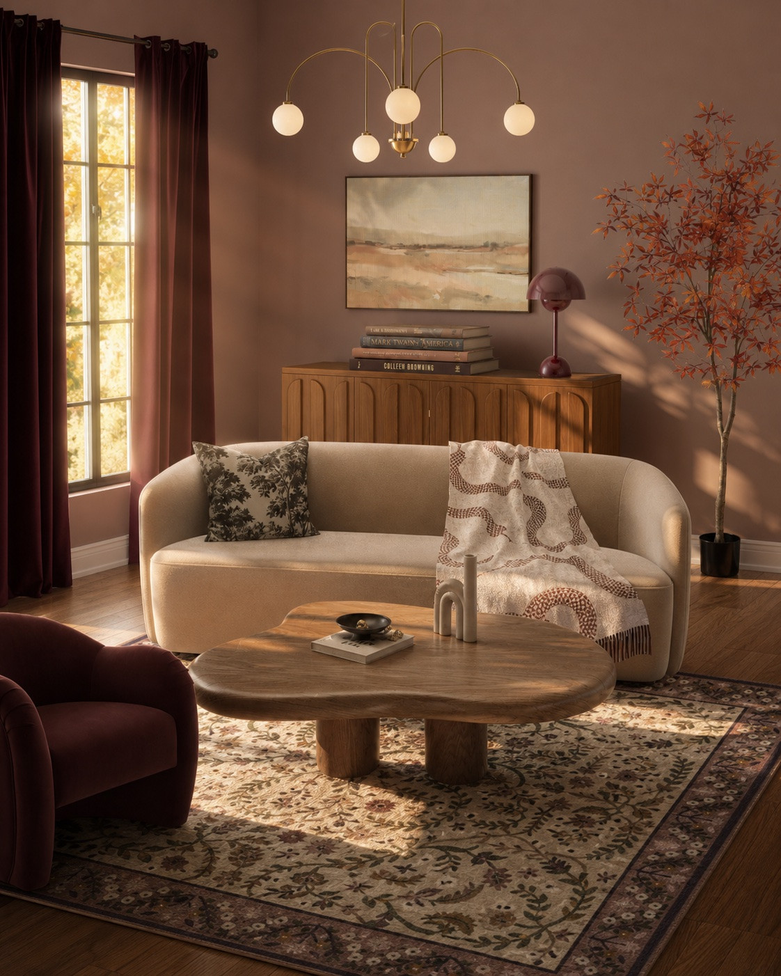 Gorgeous Fall-inspired living room design/mood board. Neutral sofa by Pottery Barn, affordable coffee table from Wayfair, vintage rug, affordable wall art, velvet accent chair, affordable red mushroom lamp, faux tree. #homedecor #livingroom #falltrends

#LTKSeasonal #LTKHome #LTKStyleTip