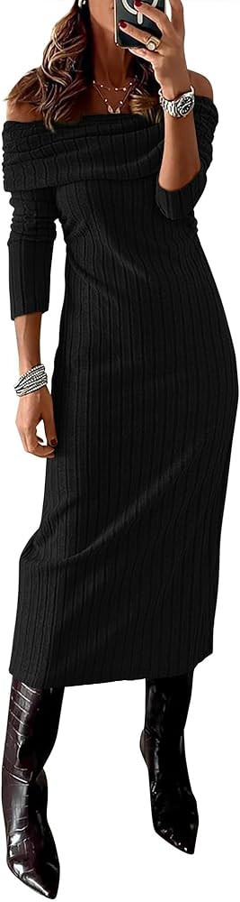 PRETTYGARDEN Women's Fall Dresses 2024 Sexy Off Shoulder Long Sleeve Bodycon Ribbed Knit Club Wed... | Amazon (US)