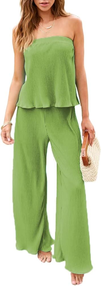 Women 2 Piece Plisse Pants Outfits Y2k Strapless Backless Tube Top Matching Set Chic Cami Wide Le... | Amazon (US)