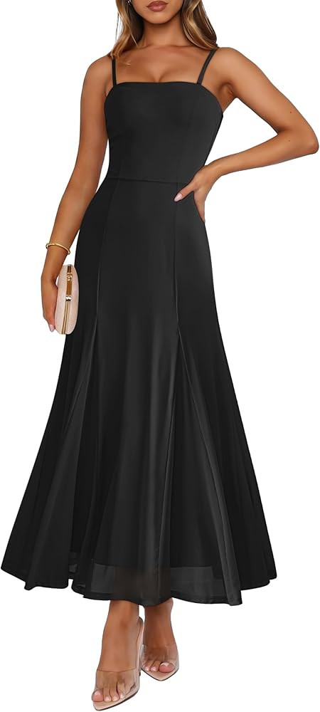 Caracilia Maxi Dresses for Women Formal Mesh Spaghetti Strap Cocktail Wedding Guest Party Floral ... | Amazon (US)