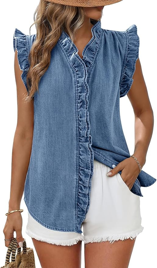 Dokotoo Denim Vest Top for Women Casual Summer Jean Vest Top Button Down Peplum V Neck Sleeveless... | Amazon (US)