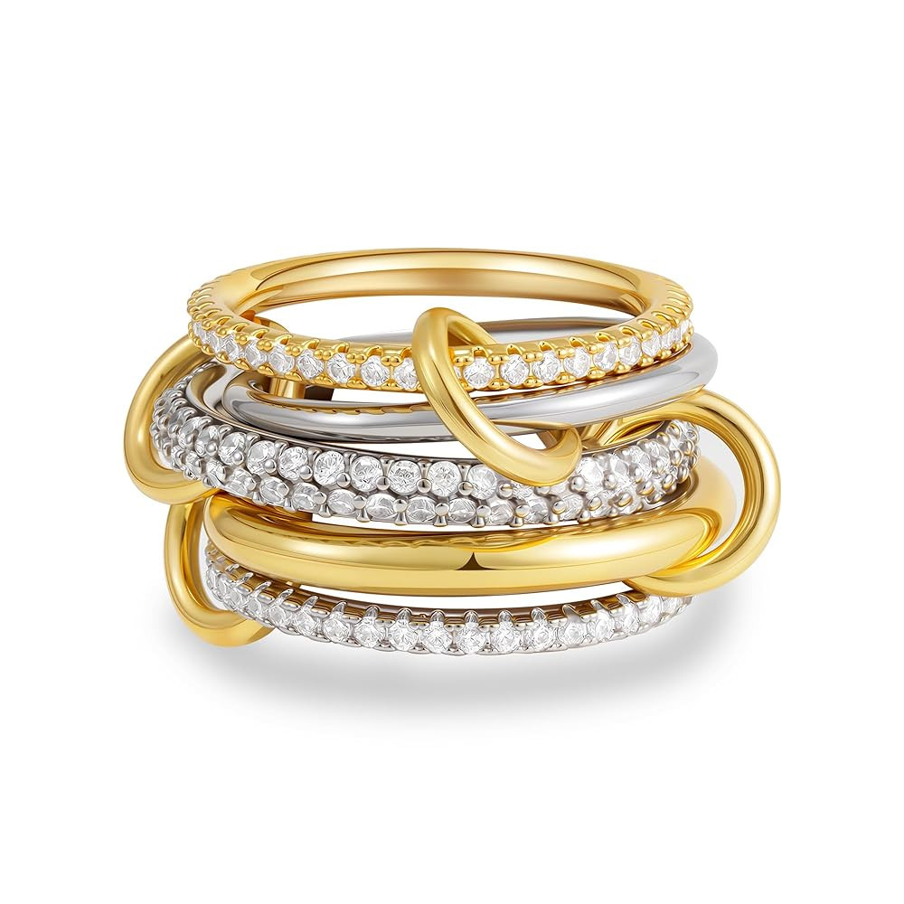 Gold Stackable Rings for Women, 14K Gold Plated Cubic Zirconia Rings, Silver Gold Multi Ring Mixe... | Amazon (US)