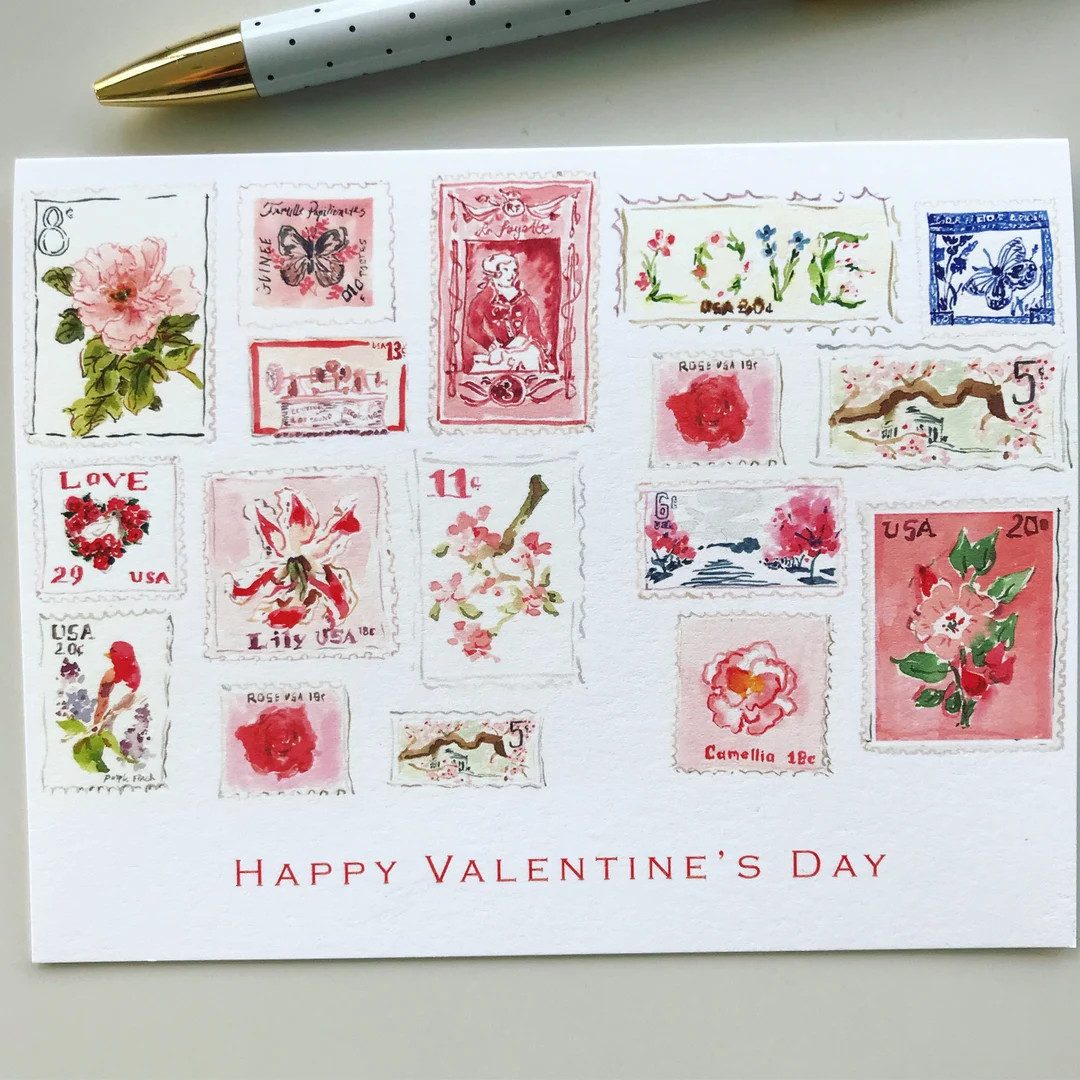 Folded Valentine's Cards: Vintage Stamps {stationary Notecards, Monogram, Custom, Artistic, Girly... | Etsy (US)