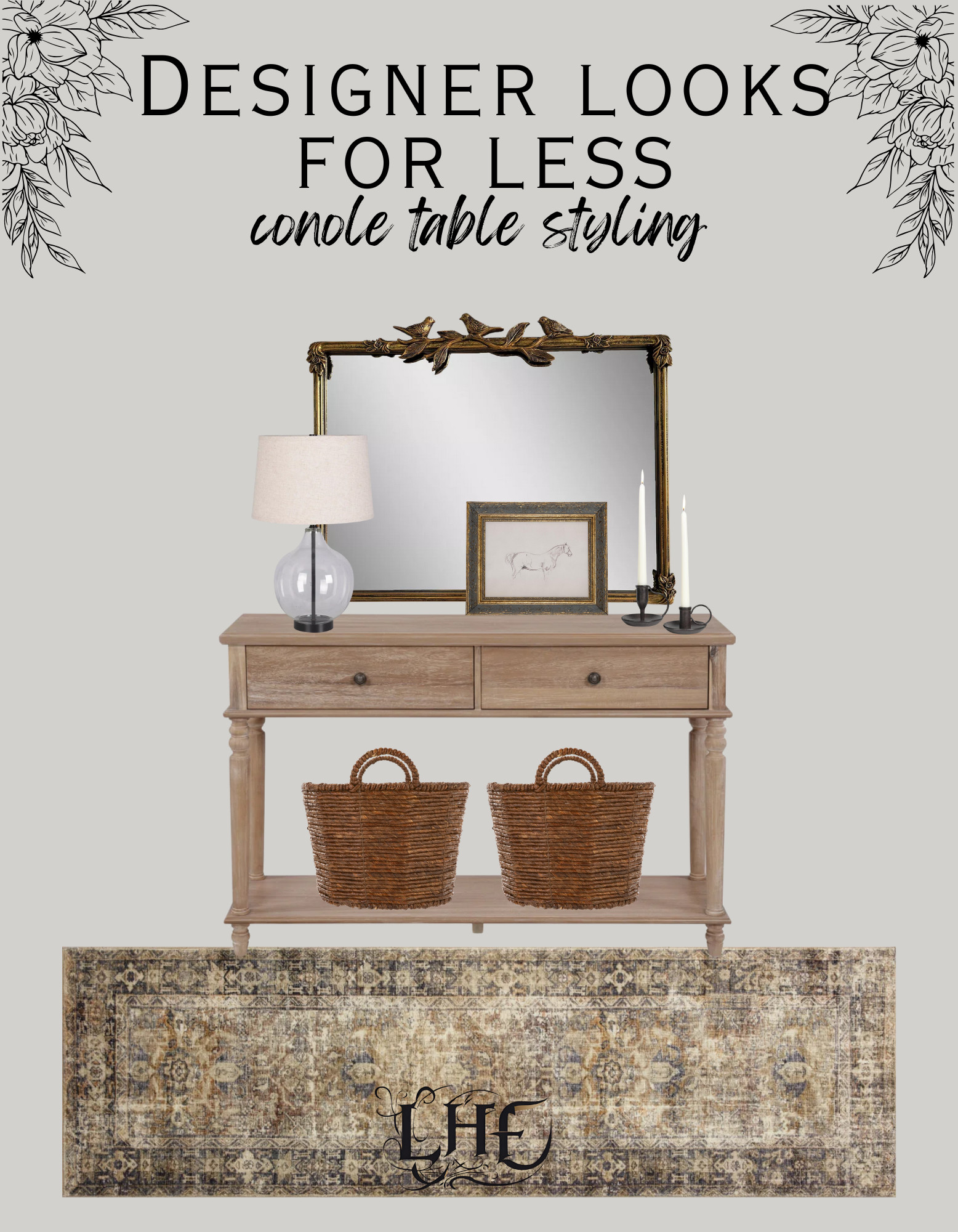 Designer inspired console table styling without the designer price tag! Shop this look by clicking the thumbnails below! console table, table decor, console table decor, entryway, entryway table, entryway table lamp, table lamp, art, wall art, wall mirror, decorative mirror, vintage mirror, vintage decor, baskets, affordable home decor, affordable furniture, taper candle holder, entryway mood board, console table styling, farmhouse console table, farmhouse entryway, farmhouse home decor, farmhouse inspo, vintage farmhouse, runner rug 

 #LTKHome #LTKSaleAlert #LTKStyleTip