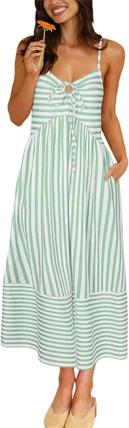 Fashionme Womens Summer Maxi Dresses 2026 Trendy Striped Vacation Boho Beach Spaghetti Strap Sund... | Amazon (US)