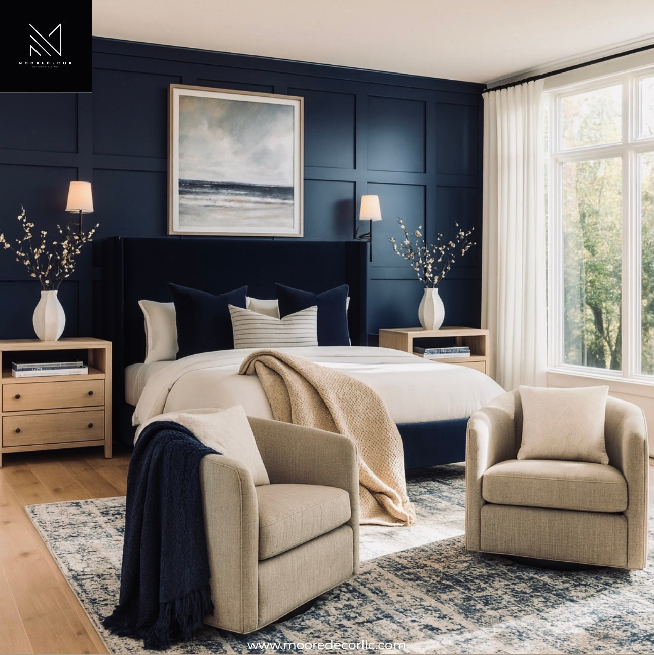 Discover the perfect modern transitional bedroom featuring a dramatic navy panel accent wall, natural wood nightstands, cozy layered bedding, and neutral swivel chairs. Designed to feel both elegant and comfortable, this timeless retreat blends classic elements with contemporary flair, perfect for fans of soft luxury and moody sophistication.

#LTKHome #LTKStyleTip
