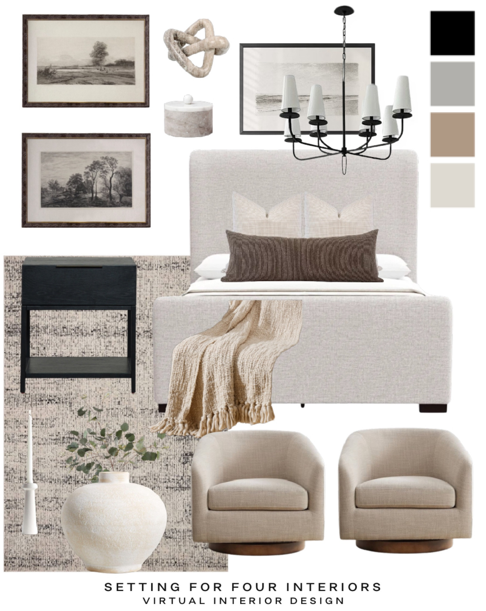 Neutral and natural bedroom.
Organic modern, transitional, classic, farmhouse, earthy, upholstered bed, black nightstand, loloi rug, swivel chairs, wall art, chandelier, vase, throw, decor, furniture, Amazon finds, Amazon home, Target, founditonamazon, candleholder 
mood board, 
Setting For Four Interiors
Virtual Interior Design
Designer & True Color Expert

#LTKSaleAlert #LTKHome #LTKFindsUnder50