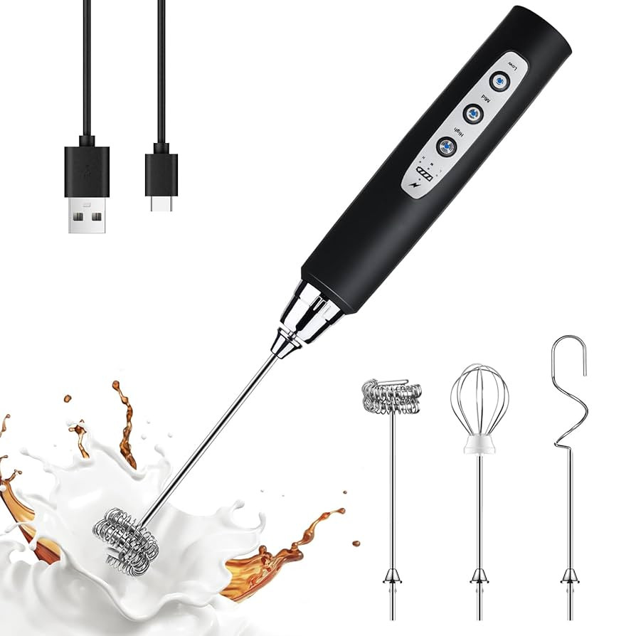 YUSWKO Black Handheld Milk Frother Wand for Coffee, Rechargeable Electric Whisk with 3 Heads 3 Sp... | Amazon (US)