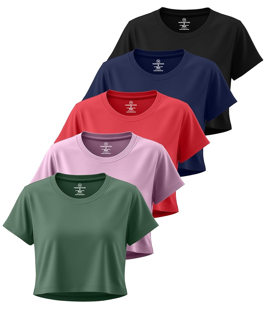 Real Essentials 5 Pack: Women's Dry Fit Crop Top - Short Sleeve Crew Neck Stretch Athletic Tee (A... | Amazon (US)