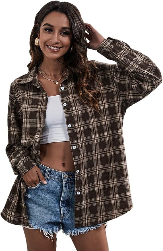 SweatyRocks Women's Long Sleeve Collar Long Button Down Plaid Shirt Blouse Tops | Amazon (US)