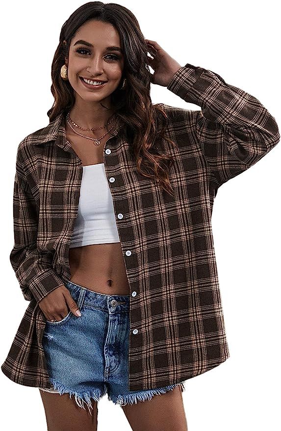 SweatyRocks Women's Long Sleeve Collar Long Button Down Plaid Shirt Blouse Tops | Amazon (US)