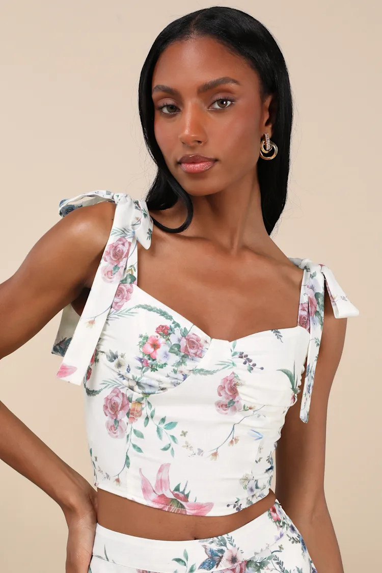 Beautifully Chic White Floral Tie-Strap Bustier Top | Lulus