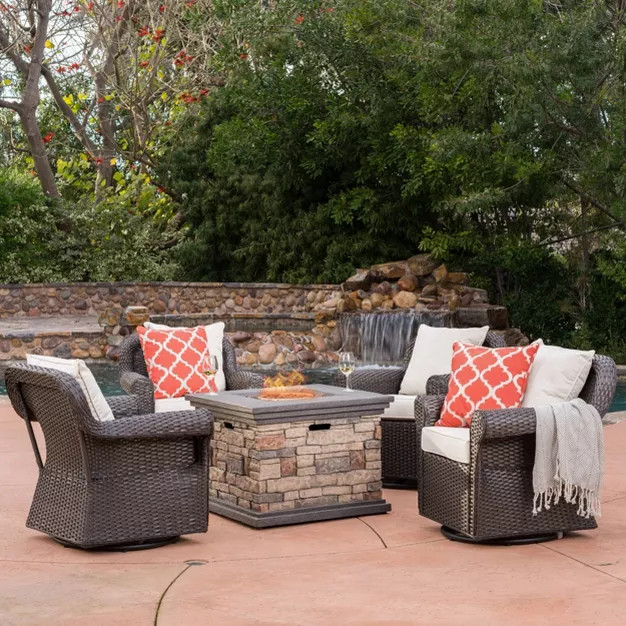 Ariel 5pc Wicker Rocking Chairs and Fire Pit Set - Dark Brown/Beige - Christopher Knight Home | Target
