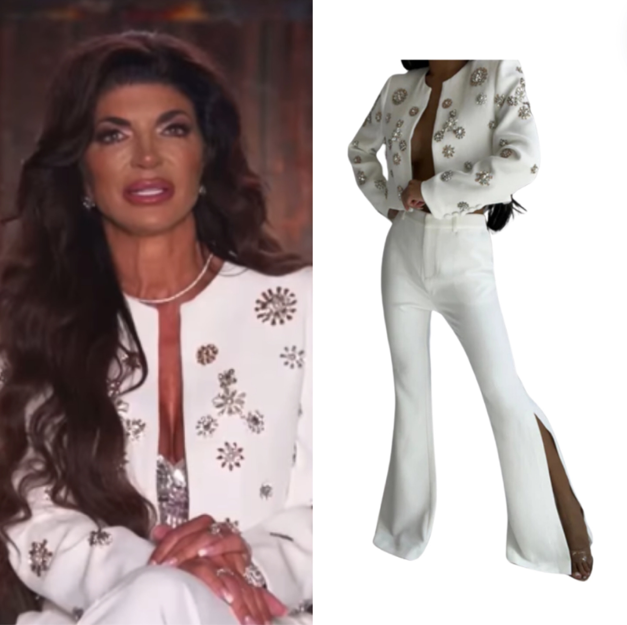 Teresa Giudice’s White Embellished Jacket on the Real Housewives of New Jersey Season 14 Sit Down is from @shopbyraya // Shop Similar