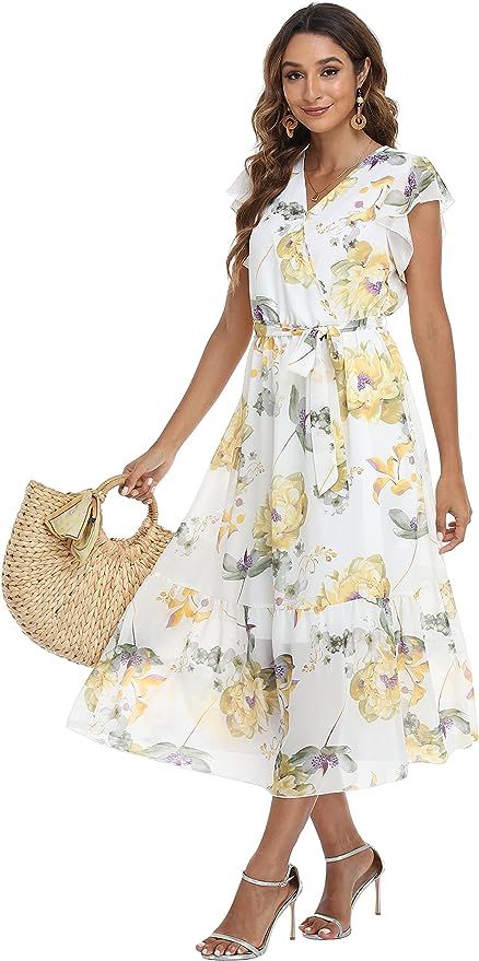 VintageClothing Women's Floral Summer Dress Wrap V Neck Ruffle Midi Dress | Amazon (US)
