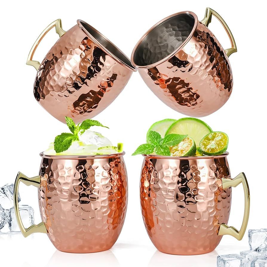 Moscow Mule Mugs Set of 4, 16 OZ Hammered Copper Cups with 304 Stainless Steel Lining and Gold Br... | Amazon (US)