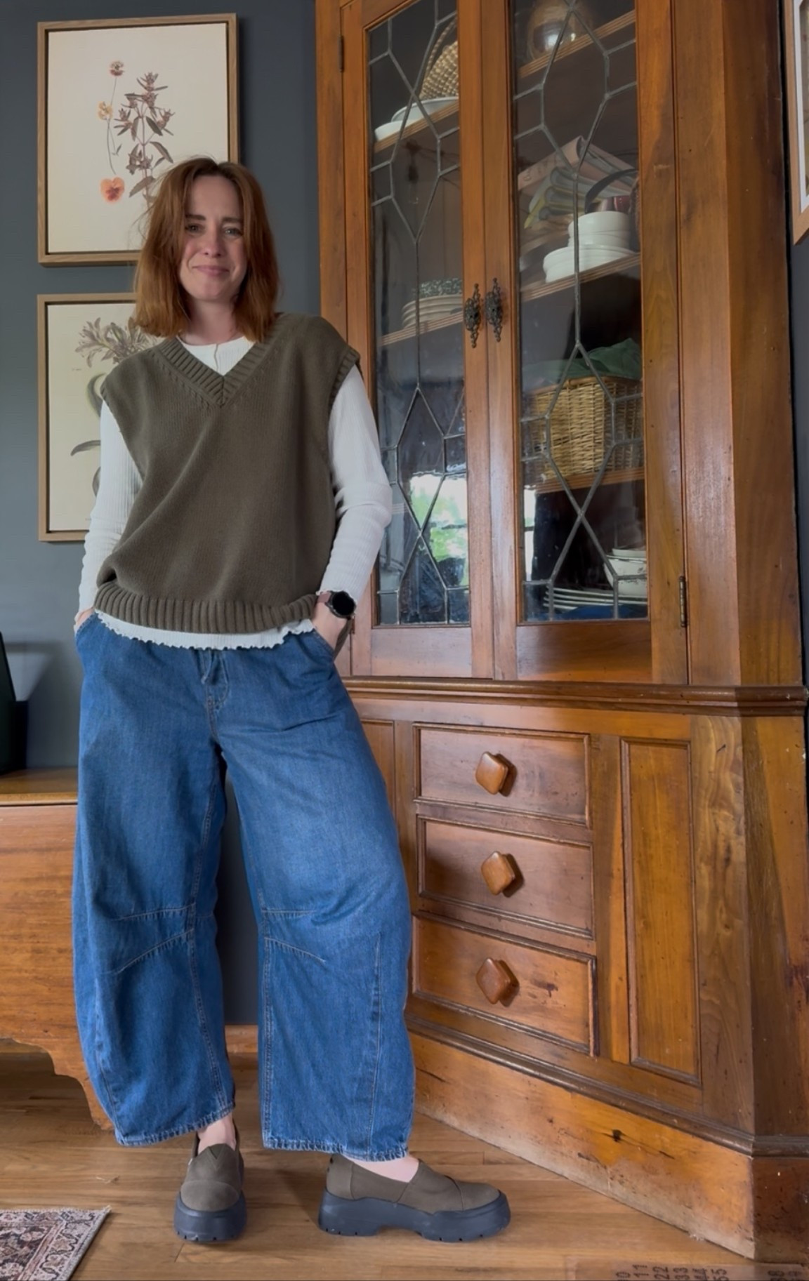 Not an exact match, but here are my easy high waisted pull-up barrel jeans. Size medium.