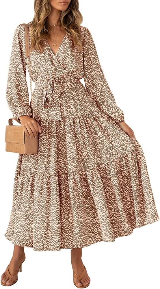 MITILLY Women's Boho Leopard Print Ruffle Long Sleeve V Neck Casual Flowy Party Maxi Dress | Amazon (US)