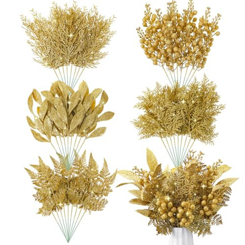 Moucuny 75 Pcs Christmas Glitter Picks Gold Artificial Christmas Tree Picks and Sprays for Christmas Tree 5 Styles Berries Stems Cedar Bay Leaves Fern Pine Branches for Vase Fillers Wreath Garland | Amazon (US)