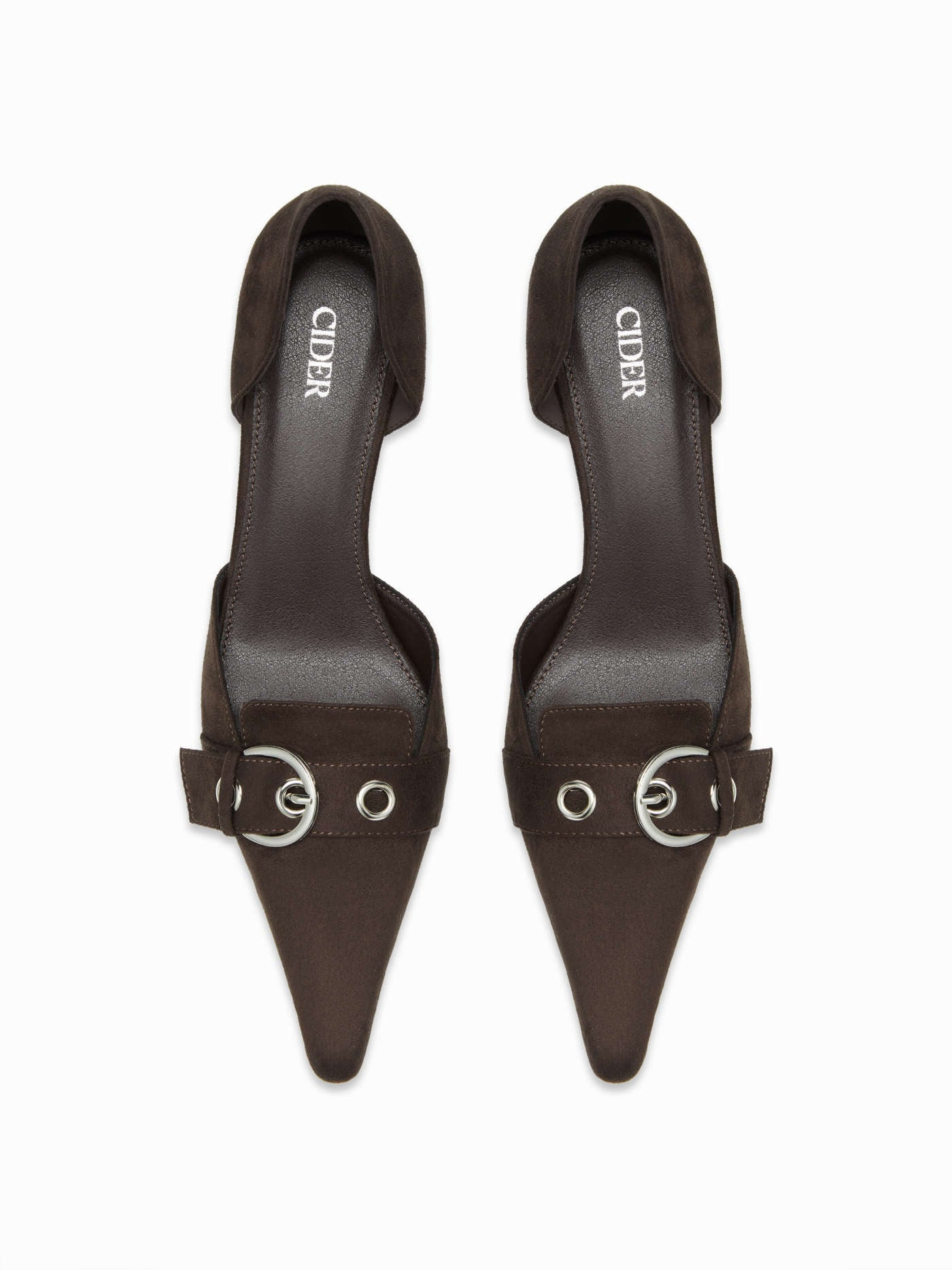 POINTED-TOE FAUX SUEDE BUCKLE HEELS $39.90Flash Shipping | Cider