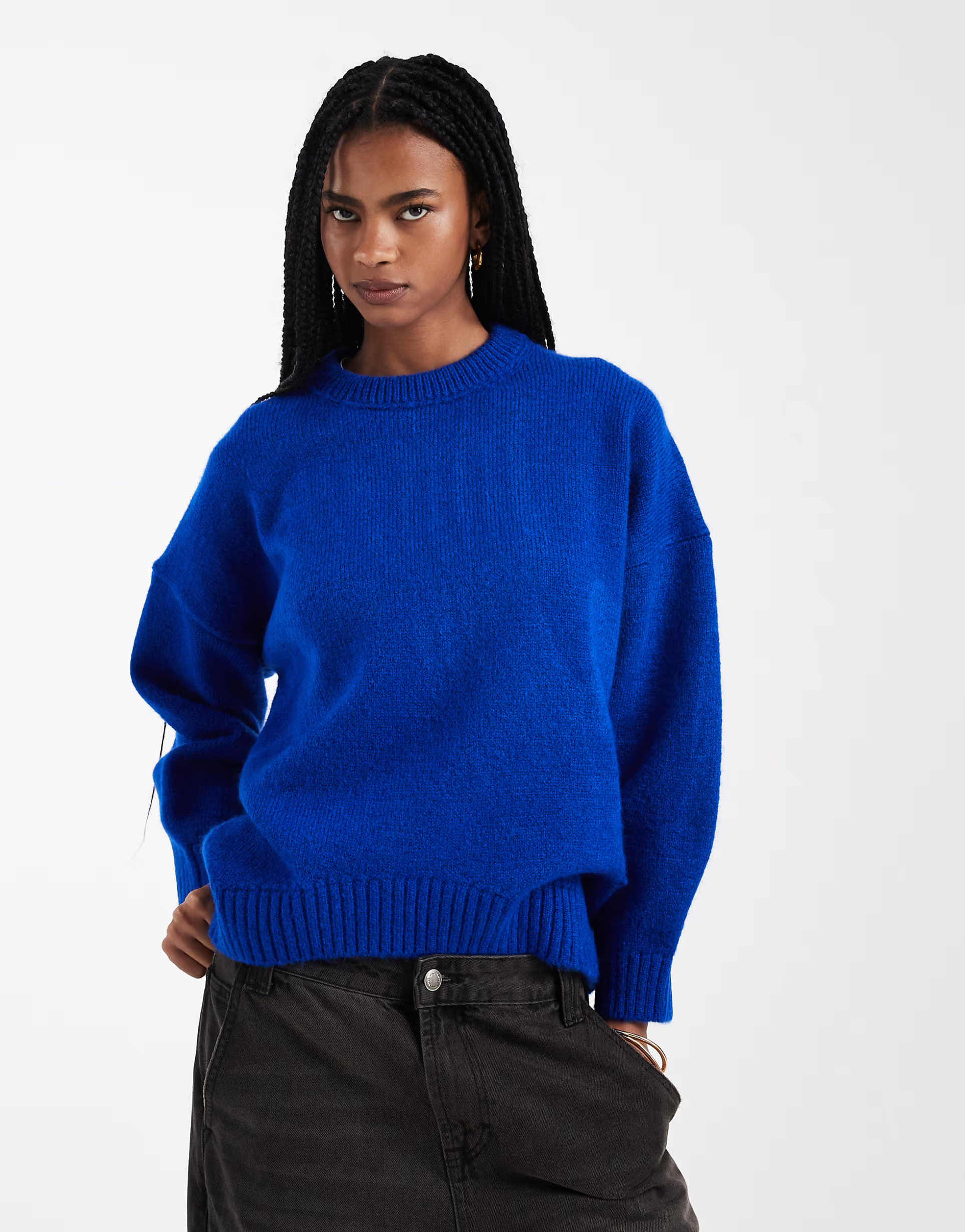 ASOS DESIGN oversized crew neck sweater with curved hem in dark blue | ASOS (Global)