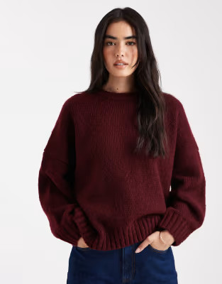ASOS DESIGN oversized crew neck sweater with curved hem in burgundy | ASOS | ASOS (Global)