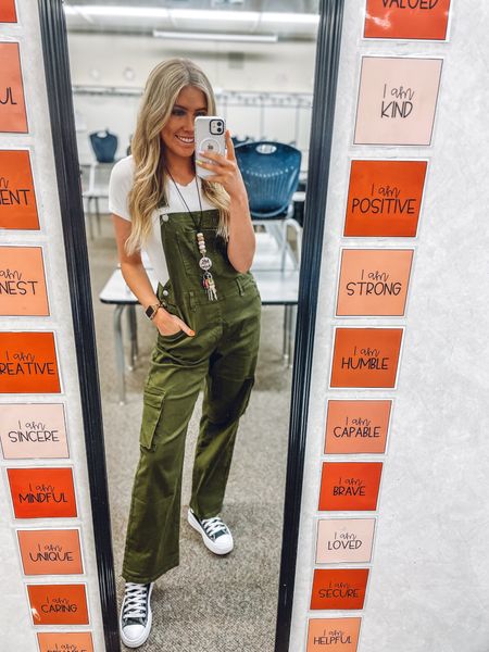 teacher casual Friday outfit! Green overalls are true to size, wearing M! Comes in more colors!
Bodysuit: comfy and true to size 
Converse: true to size and comfy 

| teacher outfit | overalls | amazon fashion 

#LTKfindsunder100 #LTKworkwear