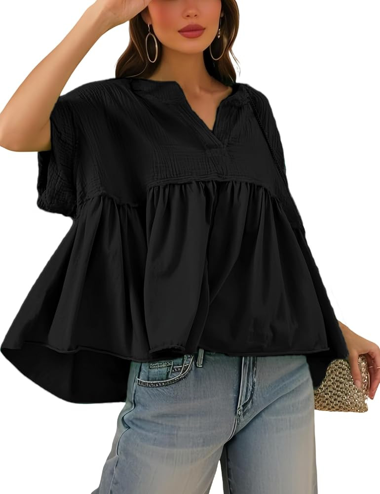 Women's 100% Cotton Peplum Tops V Neck Short Sleeve Babydoll Blouse Flowy Pleated Tunic for Summe... | Amazon (US)