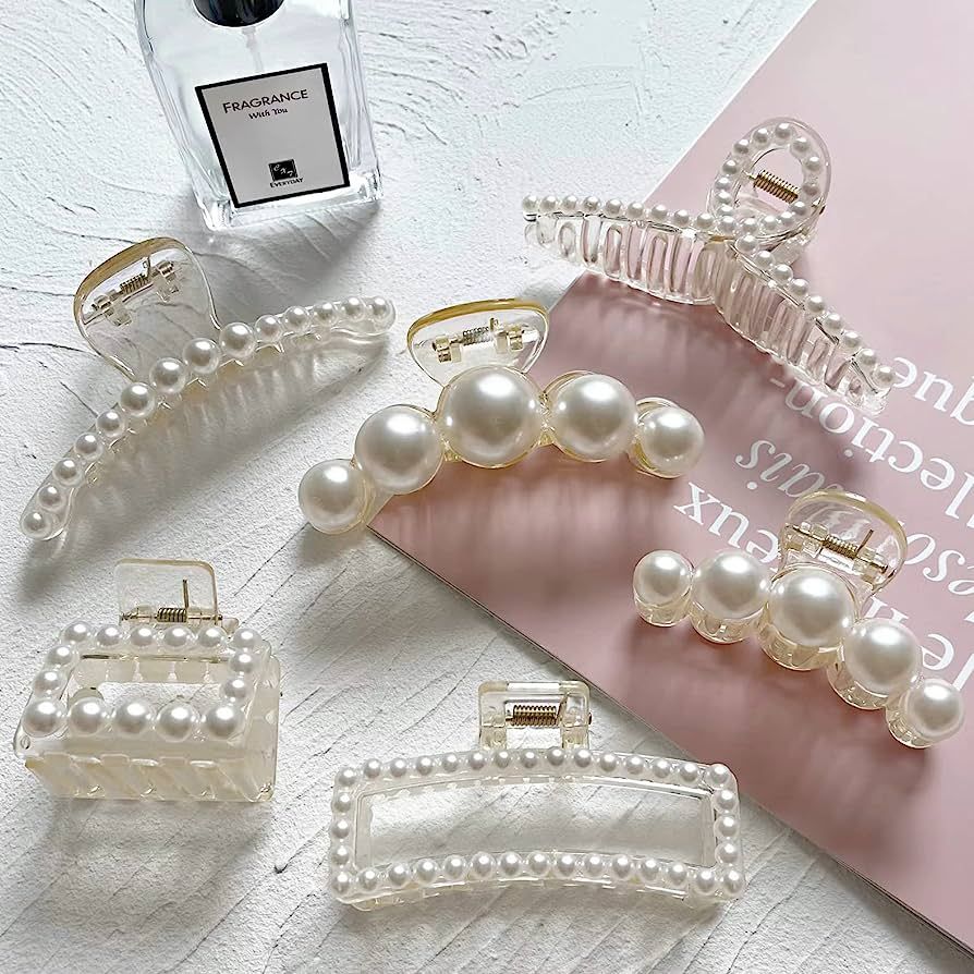 6 Pcs Large Pearl Claw Clips Pearl Clips Hair Claw Clips for Thick Hair White Hair Clips for Wedding | Amazon (US)