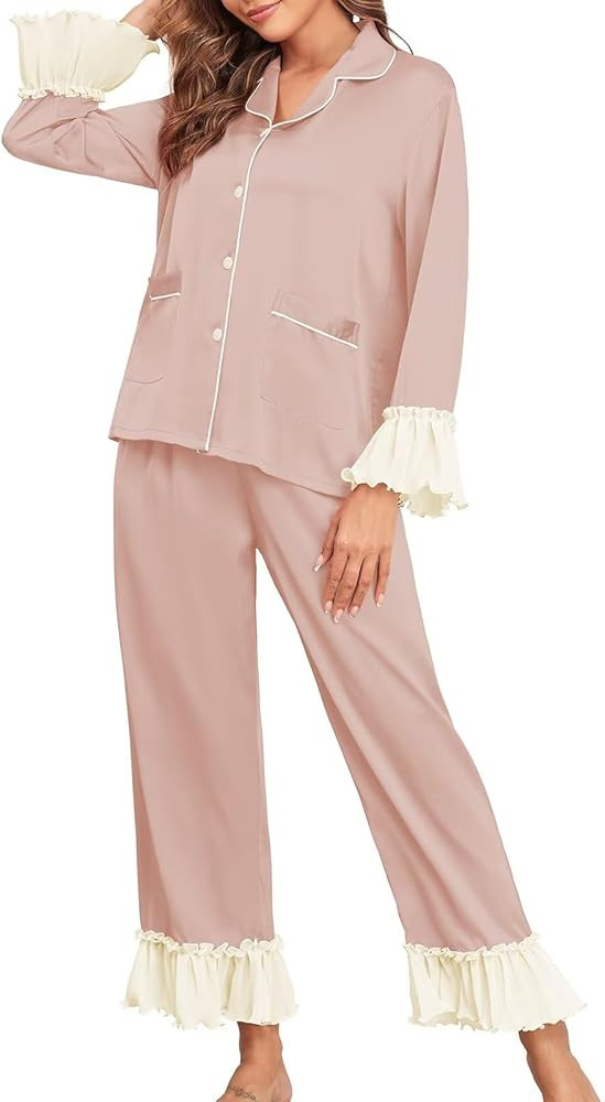 Brosloth Womens Silk Satin Button Up Pajamas for Women Soft Comfy Long Sleeve 2 Piece Loungewear ... | Amazon (US)