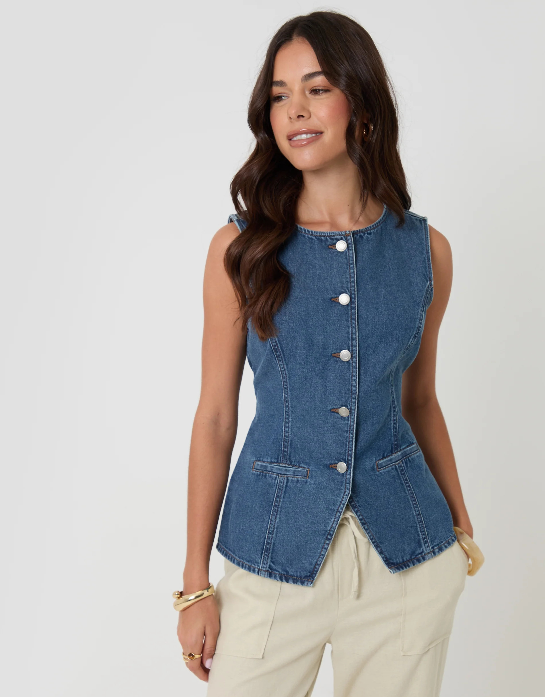 Mid Wash Denim Longline Waistcoat | Threadbare