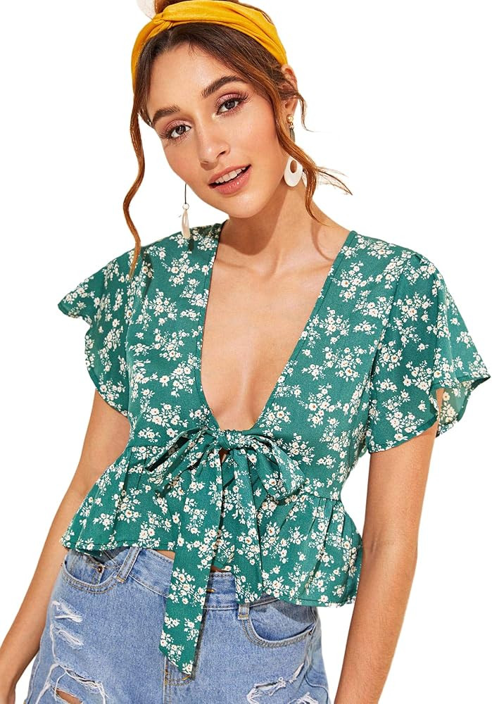 SweatyRocks Women's Short Sleeve Deep V Neck Self Tie Front Crop Top Blouse | Amazon (US)