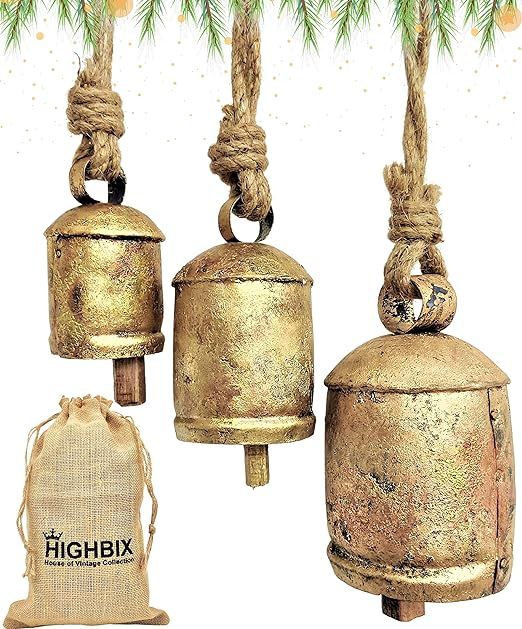 HIGHBIX Set of 3 Harmony Cow Bells Vintage Handmade Rustic Lucky Christmas Hanging Bells On Rope | Amazon (US)