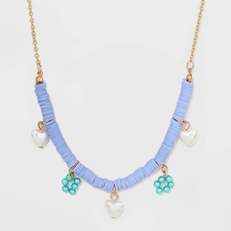 Heishi Beaded Floral and Simulated Pearl Heart Chain Necklace - Wild Fable™ Blue | Target