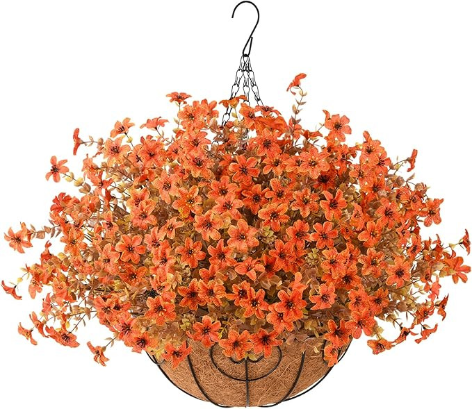 Artificial Faux Hanging Flowers Plants Basket for Outdoor Fall Decoration,Fake Silk Orange Daisy ... | Amazon (US)
