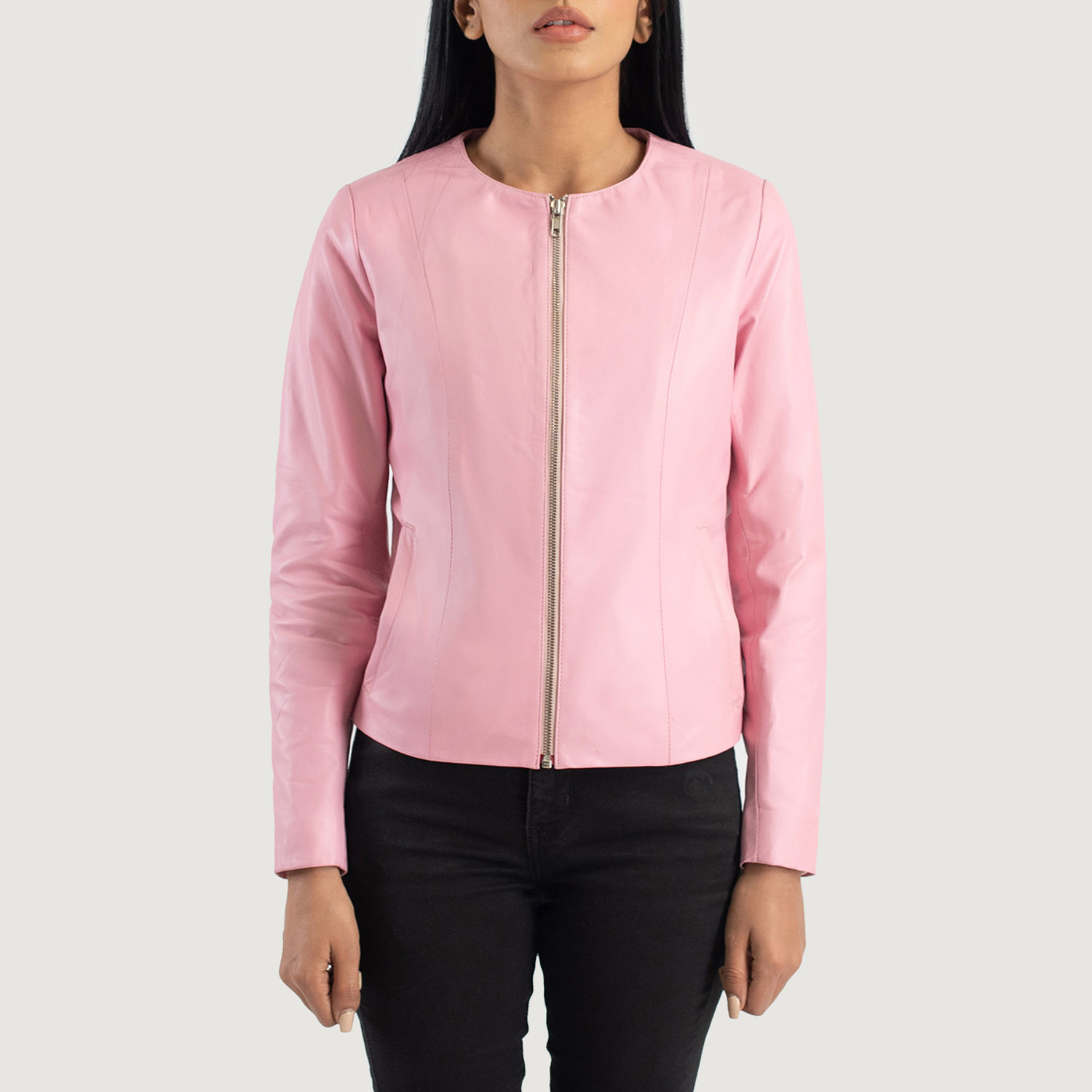 Elixir Pink Collarless Leather Jacket | The Jacket Maker