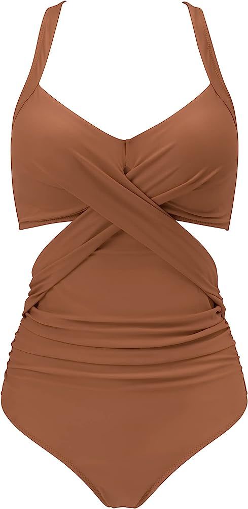 RXRXCOCO Women Front Cross Cutout One Piece Swimsuit Tummy Control High Waisted Monokini Bathing Sui | Amazon (US)