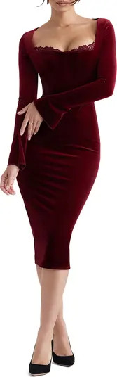 Solaine Lace Trim Long Sleeve Velvet Midi Dress | Nordstrom