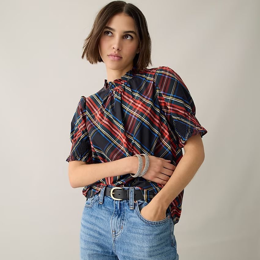 Smocked puff-sleeve cotton poplin top in Stewart tartan | J.Crew US