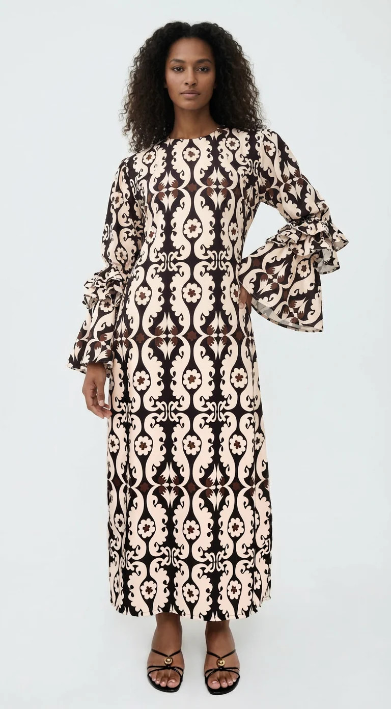 Ruffle-Sleeve Tunic Dress in Recycled Crepe – Maxi Paisley | The Lulo Project | The Lulo Project (US)