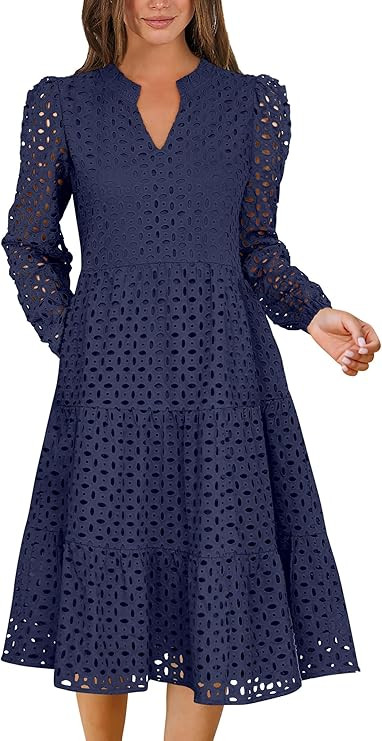 ANRABESS Womens Long Sleeve V Neck Midi Dresses Hollow Out Eyelet Casual Tiered 2025 Fall Beach V... | Amazon (US)