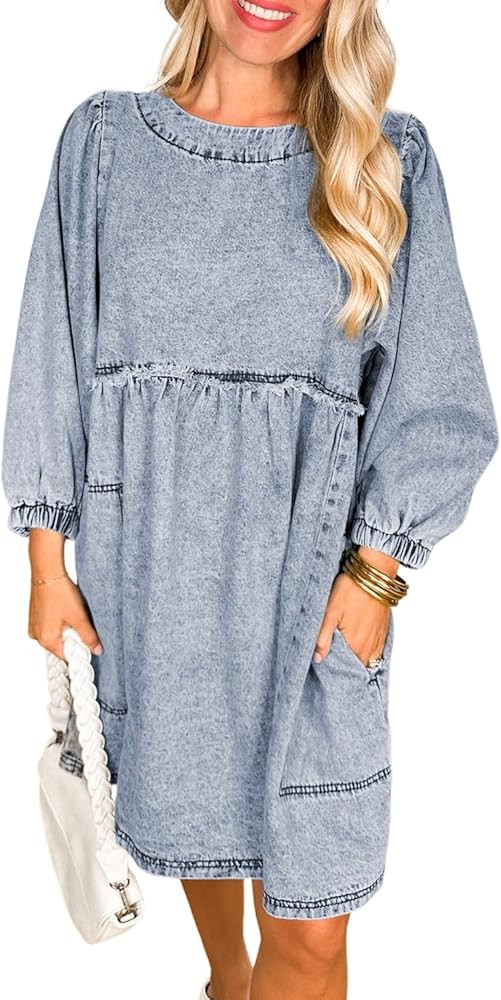 Urchics Womens Casual Dress Beau Blue Light Wash High Waist Loose Fit Denim Mini Dress | Amazon (US)