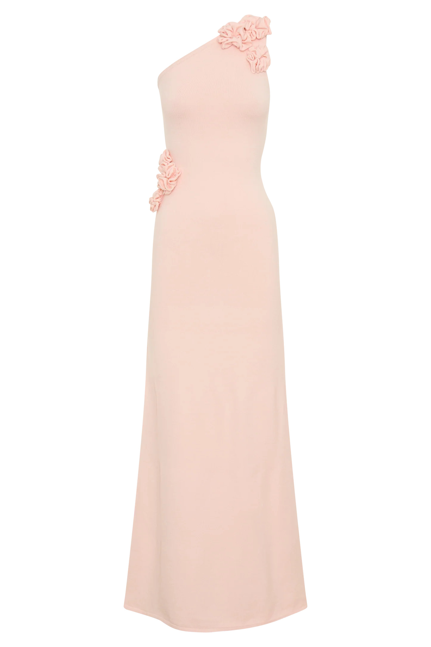 Paloma One Shoulder Knit Maxi Dress With Flowers - Baby Pink | MESHKI US