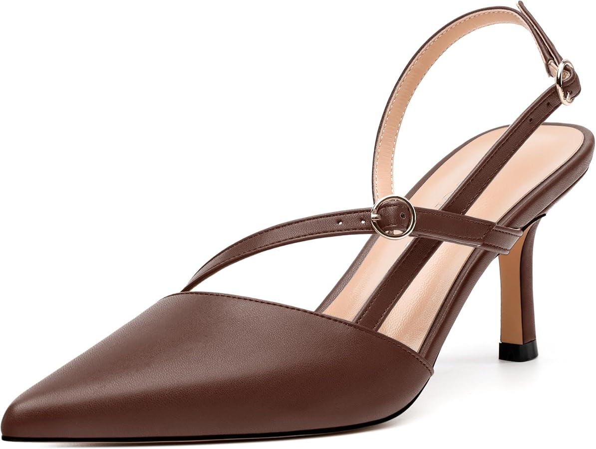 Women's Slingback Pumps, Pointed Toe Buckle Mid Heel, Fashion Solid Matte High Heel Shoes for Wom... | Amazon (US)