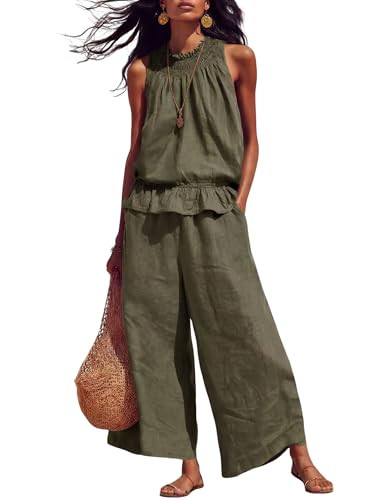 Tanming Women's Linen 2 Piece Outfits Sleeveless Ruffle Top Wide Leg Pants Summer Loungewear Beac... | Amazon (US)