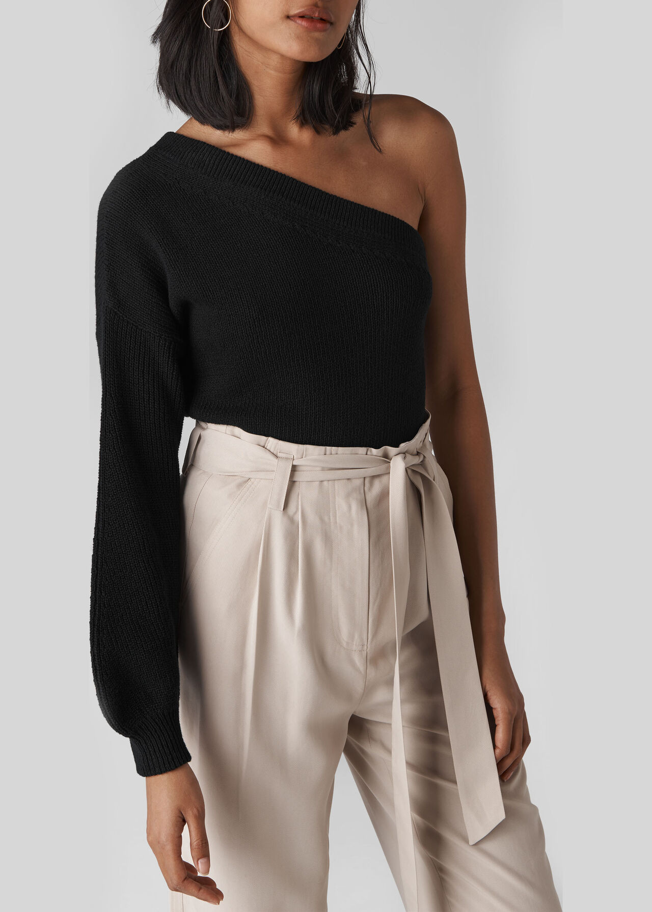 Black One Shoulder Blouson Knit | WHISTLES | Whistles | Whistles