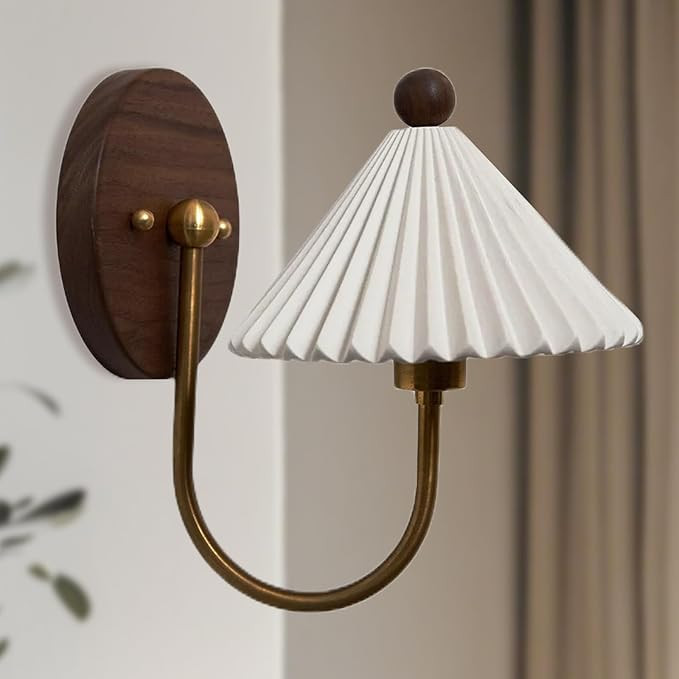 Vintage Pleated White Ceramic Lampshade Sconce, Aged Brass Finish Vanity Light Beside Mirror, Ret... | Amazon (US)