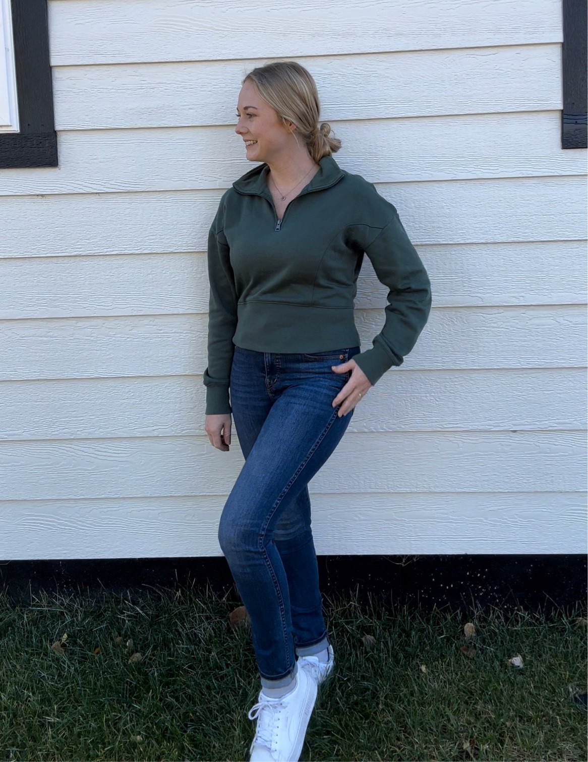 Cropped quarter zip sweater. Skinny jeans. White sneakers. 

#LTKsalealert #LTKfindsunder50 #LTKMostLoved