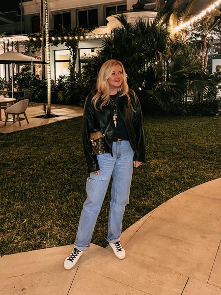 Jeans, sneakers, faux leather jacket, and a Louis Vuitton camera bag for a rainy night out in Palm Beachh

#LTKstyletip #LTKmidsize #LTKitbag
