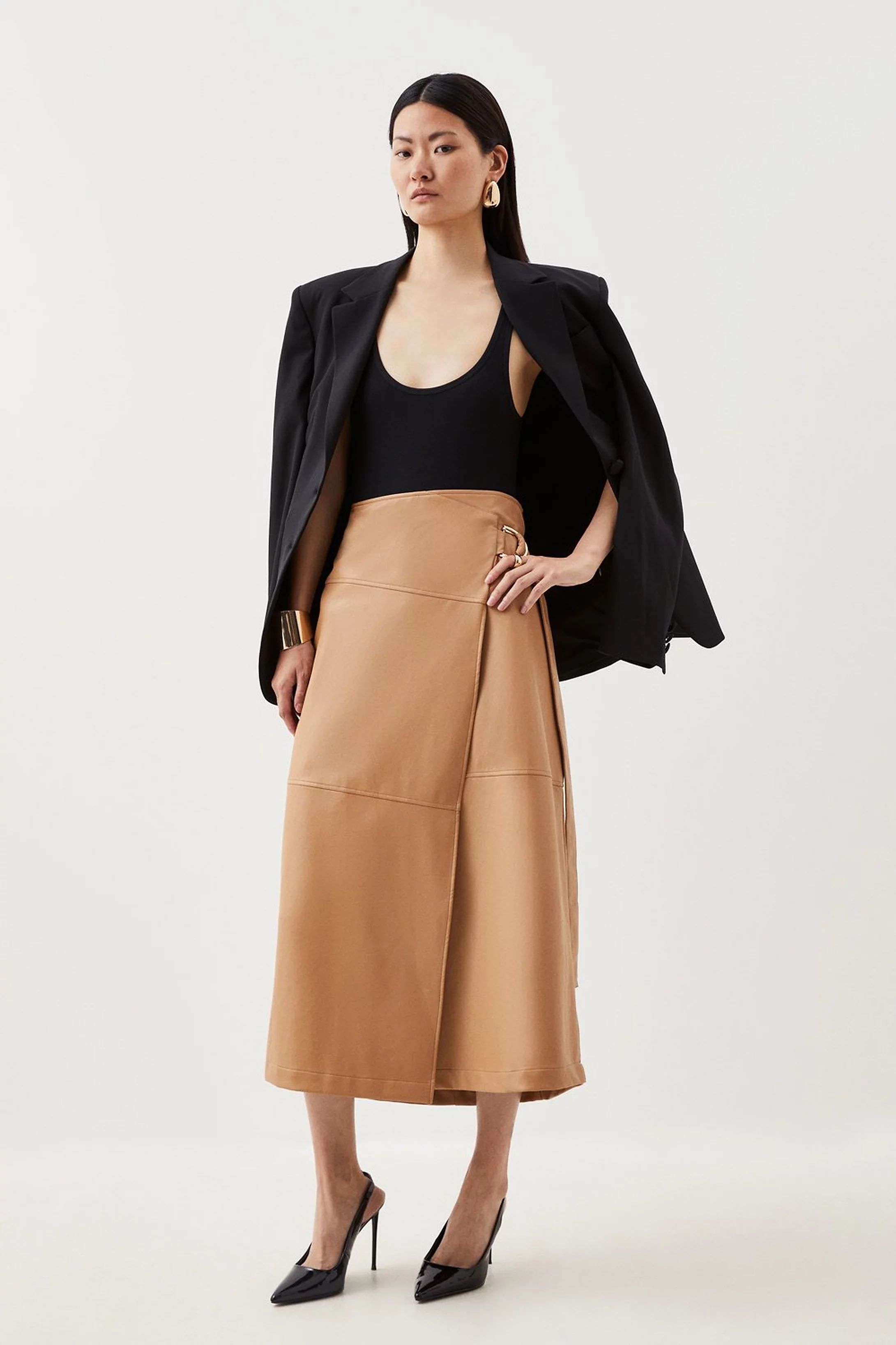 Faux Leather Tie Detail Wrap Midi Skirt | Karen Millen US